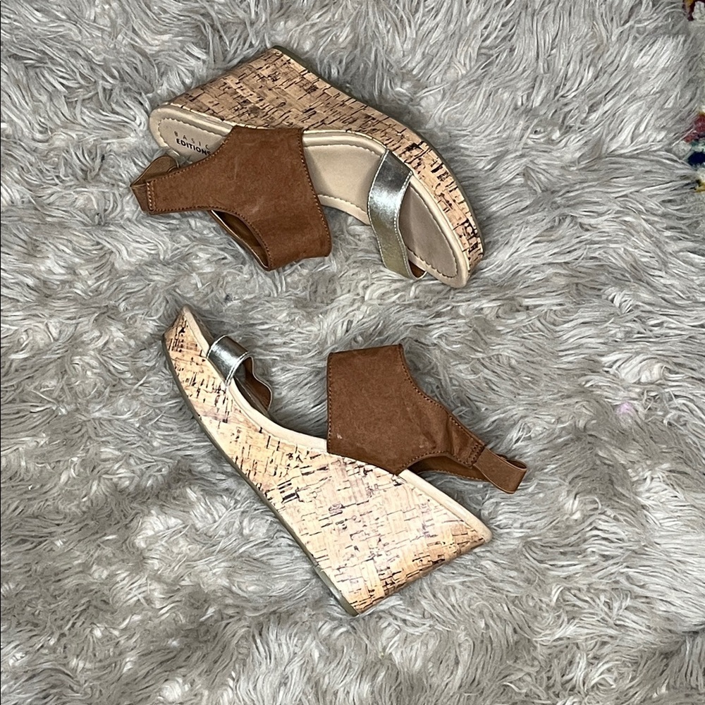 Basic Editions Brown Cork Wedge Sandals with Silver Strap